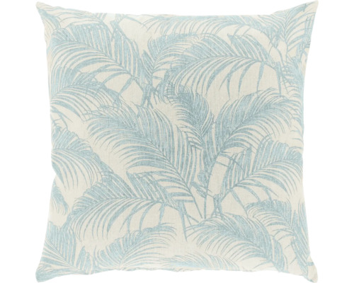 Vierkant sierkussen met lichtblauw palmbladpatroon.