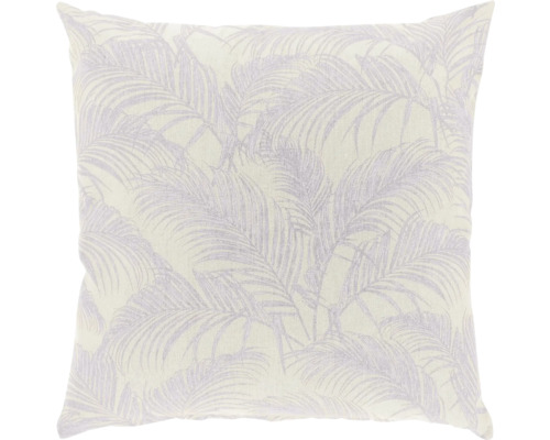 Vierkant sierkussen van stof met paars palmbladmotief.