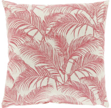 Vierkant sierkussen met rood palmbladpatroon op een lichte achtergrond.