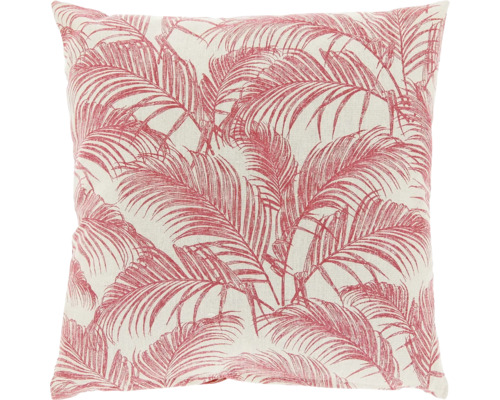 Vierkant sierkussen met rood palmbladpatroon op een lichte achtergrond.