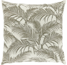Vierkant sierkussen met palmbladpatroon op gestructureerde stof.