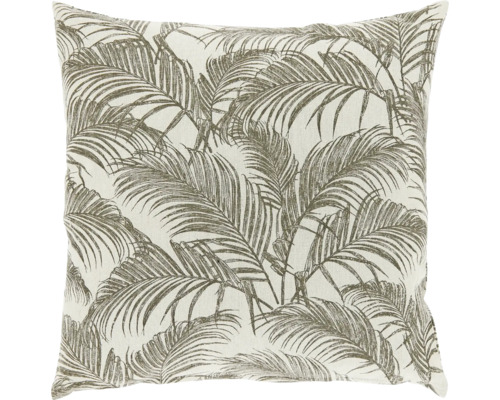 Vierkant sierkussen met palmbladpatroon op gestructureerde stof.