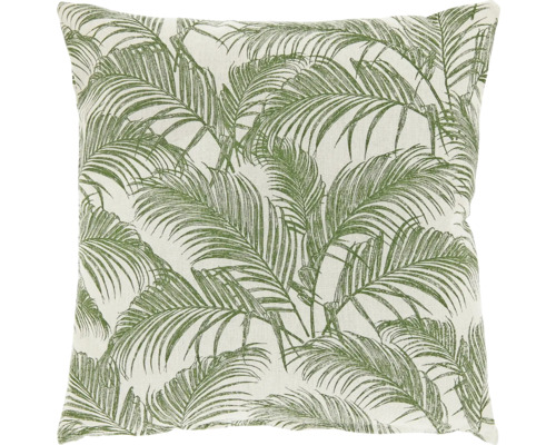 Vierkant sierkussen met een groen patroon van palmbladeren op lichte stof.