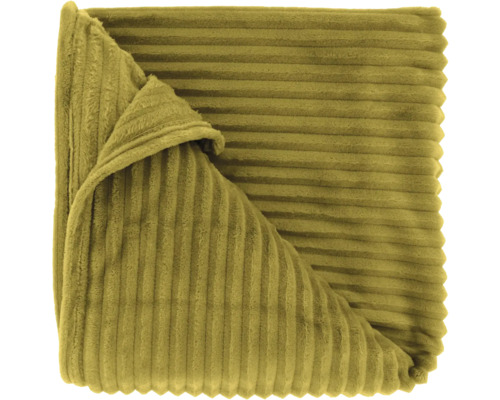 Mosterdgele woondeken met geribbelde corduroy-structuur van zacht materiaal.