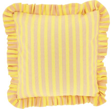Gestreept sierkussen met ruches in geel en beige.