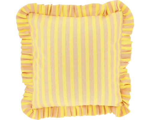 Gestreept sierkussen met ruches in geel en beige.