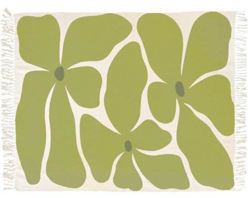 Rechthoekig vloerkleed met groen abstract bloemenpatroon en franjes aan de zijkanten.