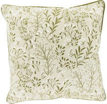 Vierkant sierkussen in de kleur crème met een groen botanisch patroon van bladeren en takken.