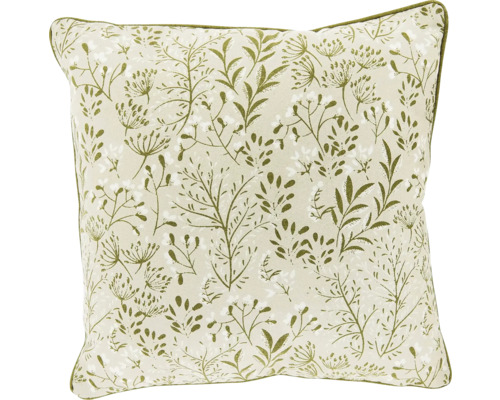 Vierkant sierkussen in de kleur crème met een groen botanisch patroon van bladeren en takken.