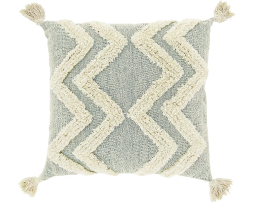 Sierkussen met getuft zigzagpatroon en kwastjes aan de hoeken.
