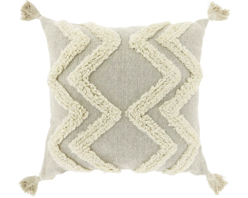 Beige sierkussen met getuft zigzagpatroon en kwastjes aan de hoeken.