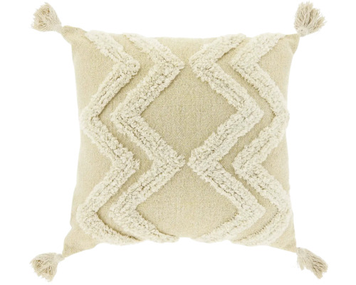 Vierkant beige sierkussen met getuft zigzagpatroon en kwastjes op de vier hoeken.