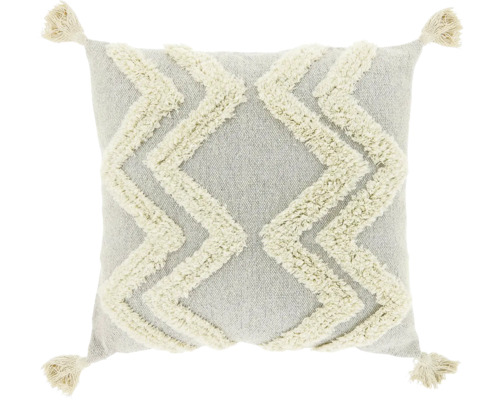 Vierkant sierkussen met een verhoogd, getuft zigzagpatroon en kwastjes aan de hoeken.