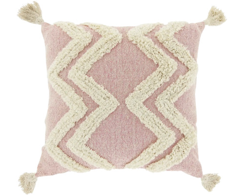 Vierkant sierkussen in oudroze met crèmewit zigzagpatroon van tufting en vier kwastjes aan de hoeken.