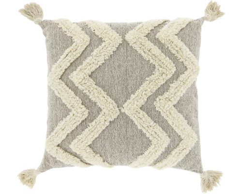 Vierkant sierkussen in crème en grijs met geweven zigzagpatroon, getufte details en kwastjes aan de hoeken.