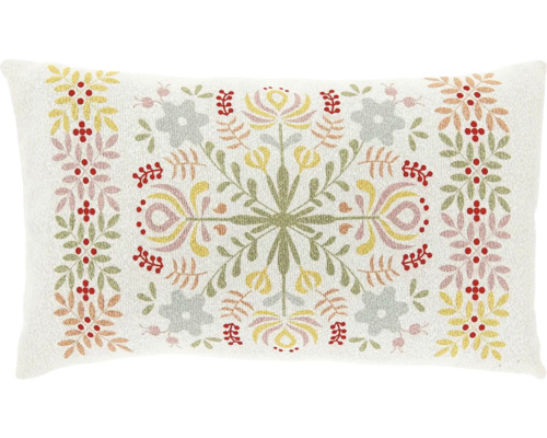 Rechthoekig sierkussen met kleurrijk bloemenpatroon en folkloristische motieven.