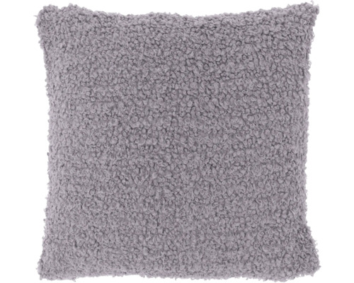 Vierkant lavendelkleurig sierkussen met krullende bouclé textuur.