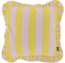 Vierkant sierkussen met gele en paarse verticale strepen en een roezelrand.