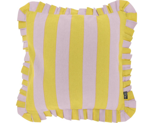 Vierkant sierkussen met gele en paarse verticale strepen en een roezelrand.
