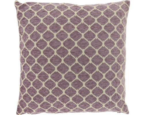Vierkant sierkussen in paars met beige geometrisch ruitpatroon en gestructureerd oppervlak.
