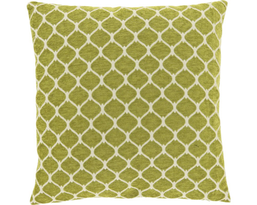 Vierkant sierkussen met groen-wit geometrisch rasterpatroon.