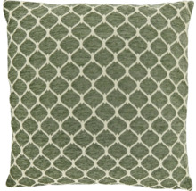 Vierkant sierkussen in groen met wit geometrisch ruitpatroon.