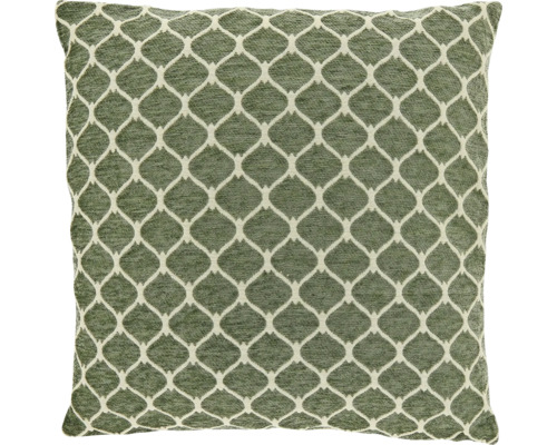 Vierkant sierkussen in groen met wit geometrisch ruitpatroon.