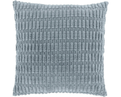 Vierkant lichtblauw sierkussen met een gestructureerd oppervlak in corduroy-look.