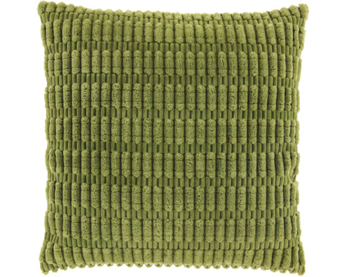 Vierkant sierkussen met groene ribstructuur.