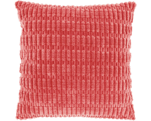 Vierkant sierkussen met brede ribstructuur in de kleur koraal.