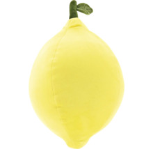 Geel pluche kussen in de vorm van een citroen met een groene stengel en blad.