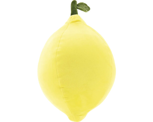 Geel pluche kussen in de vorm van een citroen met een groene stengel en blad.