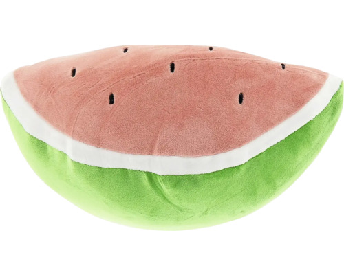 Unique Living Kussen Tropic Icons watermeloen Ø33 cm Rood pluche kussen in de vorm van een schijf watermeloen met groene rand en zwarte pitjes.
