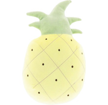 Decoratief kussen in de vorm van een ananas van zacht pluche met stikselpatroon en groene bladeren.