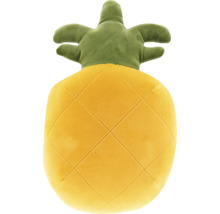 Pluchen knuffel in de vorm van een gele ananas met ruitpatroon en groene bladeren.