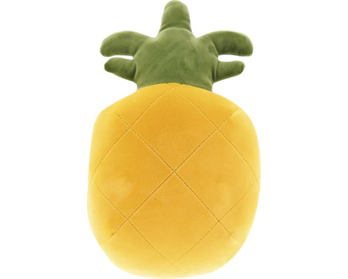 Unique Living Kussen Tropic Icons Ananas Ø35 cm Pluchen knuffel in de vorm van een gele ananas met ruitpatroon en groene bladeren.
