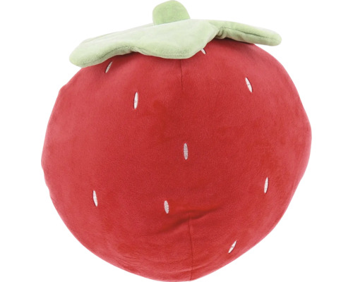 Rood pluche kussen in de vorm van een aardbei met groen blad en wit geborduurde pitjes.