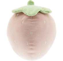 Knuffel in de vorm van een aardbei van zachte stof met bladeren en geborduurde pitjes.