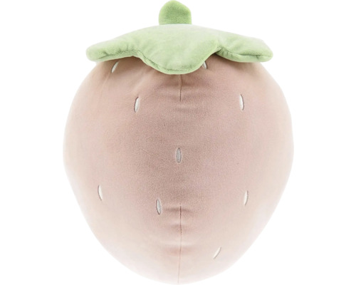 Knuffel in de vorm van een aardbei van zachte stof met bladeren en geborduurde pitjes.