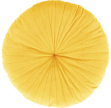 Geel, rond sierkussen van fluweel met straalvormig stiksel.