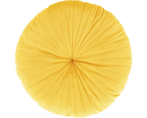 Geel, rond sierkussen van fluweel met straalvormig stiksel.