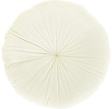 Rond crèmekleurig sierkussen met radiale plooien en centraal stiksel.