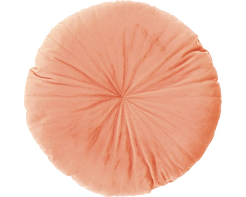 Rond zalmkleurig sierkussen van fluweel met radiale stiksels en een gecapitonneerd midden.