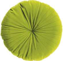 Rond sierkussen van fluweel in limoengroen met stralenvormige stiksels.