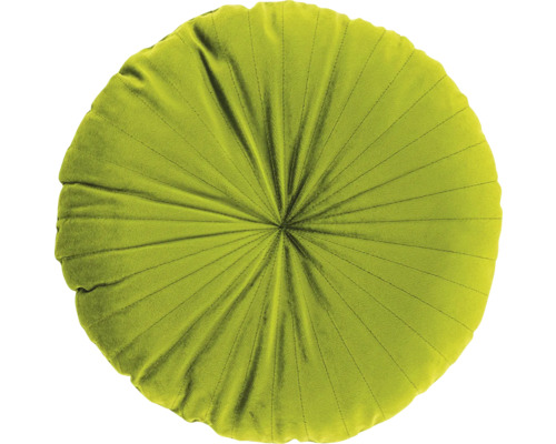 Rond sierkussen van fluweel in limoengroen met stralenvormige stiksels.
