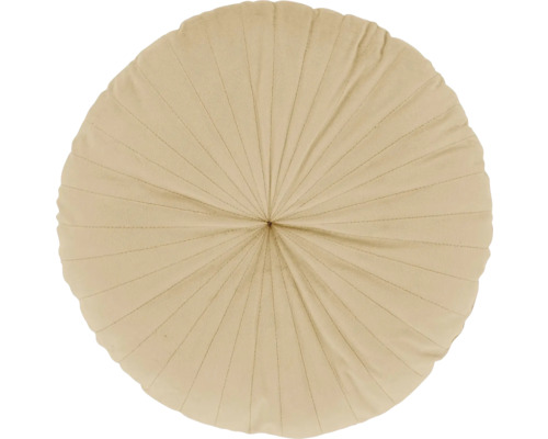 Rond sierkussen van fluweel in beige met geplooid patroon.