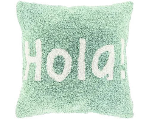 Vierkant lichtgroen sierkussen met een zachte structuur en wit opschrift Hola.