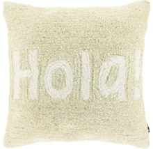 Vierkant sierkussen in de kleur crème met een hoogpolige structuur en de tekst Hola.