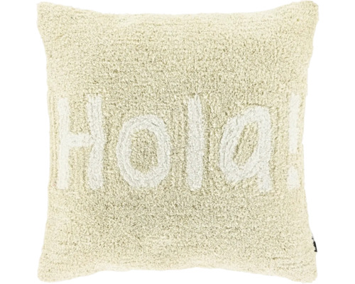 Unique Living Kussen Hola wit 45x45 cm Vierkant sierkussen in de kleur crème met een hoogpolige structuur en de tekst Hola.