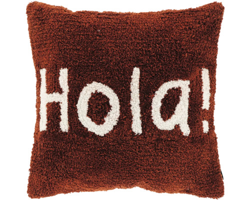 Bruin vierkant sierkussen van pluizige stof met witte Hola! tekst.